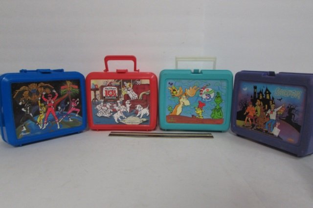 4 VINTAGE PLASTIC LUNCH BOXES 1993 POWER RANGERS, LOL: 1993 POWER RANGERS, LOL DALMATIANS, 1996 THE WUBBULOUS WORLD OF DR. SEUSS, & 1997 SCOOBY DOO
