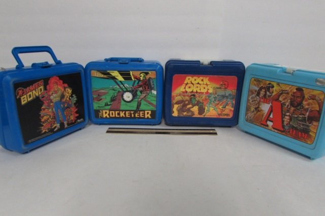4 VINTAGE PLASTIC LUNCH BOXES THE ROCKETEER, 1987 ROCK: THE ROCKETEER, 1987 ROCK LORD, 1991 JAMES BOND, & 1983 THE A-TEAM