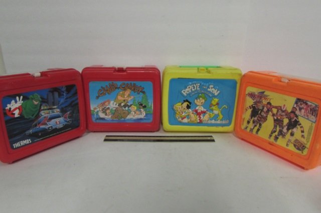4 VINTAGE PLASTIC LUNCH BOXES 1987 POPEYE (INCLUDES: 1987 POPEYE (INCLUDES THERMOS), 1989 ROLLER GAMES, 1989 CAMP CANDY, & 1989 GHOST BUSTERS