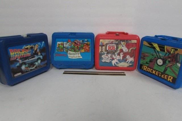 4 VINTAGE PLASTIC THERMOS BOTTLES MUPPETS (DOESNT: MUPPETS (DOESNT CLOSE), 101 DALMATIANS, THE ROCKETEER, & BACK TO THE FUTURE