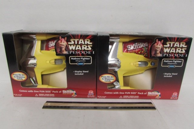 STAR WARS NABOO FIGHTER CANDY DISPENCER (2) BOTH ARE IN: BOTH ARE IN ORIGINAL PACKAGING, DISPLAY STAND INCLUDED
