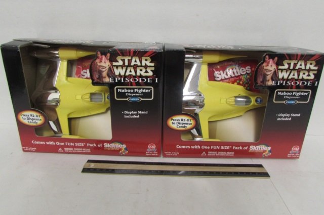 STAR WARS NABOO FIGHTER CANDY DISPENSER (2) BOTH ARE IN: BOTH ARE IN ORIGINAL PACKAGING, DISPLAY STAND INCLUDED