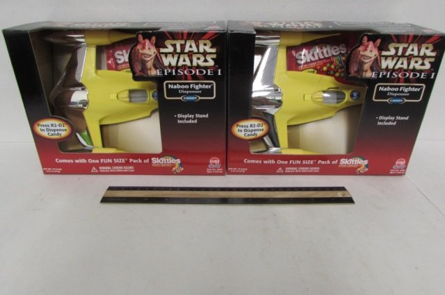 STAR WARS NABOO FIGHTER CANDY DISPENSER (2) BOTH ARE IN: BOTH ARE IN ORIGINAL PACKAGING, DISPLAY STAND INCLUDED