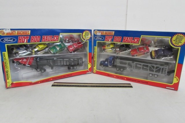 MIGHTY MACHINES HOT ROD HAULER (2) BOTH ARE IN ORIGINAL: BOTH ARE IN ORIGINAL PACKAGING, INCLUDES HOT RODS, & TRANSPORTER TRACTOR