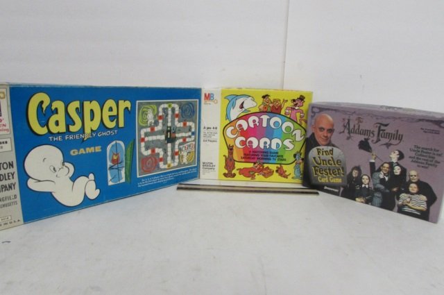 3 VINTAGE BOARD GAMES CARTOON CARDS MATCHING GAME, NTHE: CARTOON CARDS MATCHING GAME, NTHE ADDAMS FAMILY CARD GAME, & CASPER THE FRIENDLY GAME