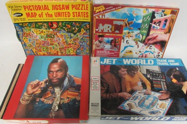 4 VINTAGE BOARD GAMES MR. T GAME, THE A-TEAM, WALT: MR. T GAME, THE A-TEAM, WALT DISNEY PICTORIAL JIGSAW PUZZLE, & JET WORLD THE TRADE & TRAVEL GAME
