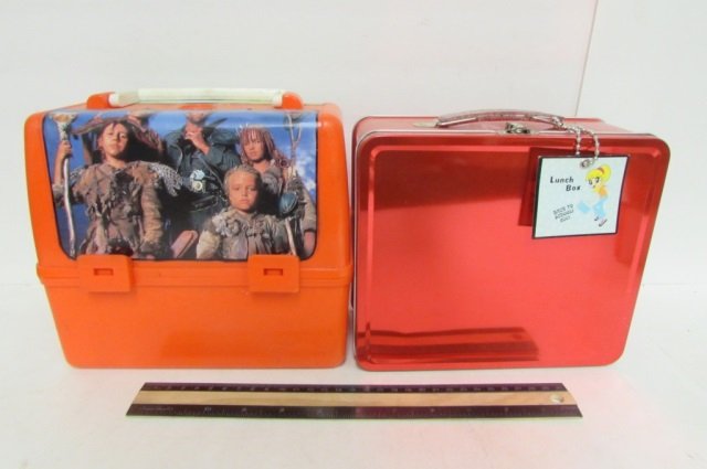2 VINTAGE LUNCH BOXES THE ROAD WARRIOR INCLUDES: THE ROAD WARRIOR INCLUDES THERMOS, & A RED LUNCH BOX