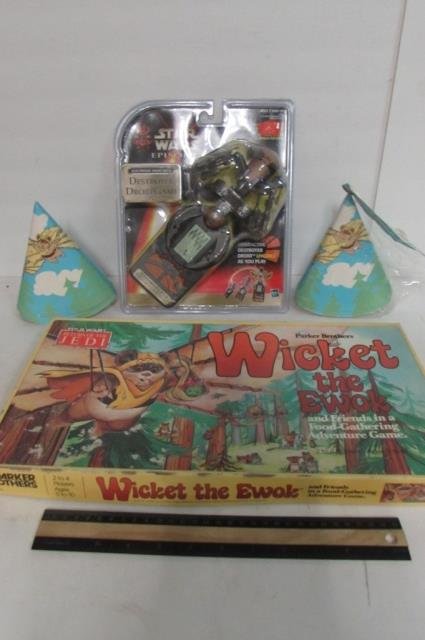 ASSORTED STAR WARS ITEMS DESTROYER DROID GAME: DESTROYER DROID GAME (HAND-HELD ELECTRONIC), EWOK PARTY HATS, & WICKET THE EWOK GAME