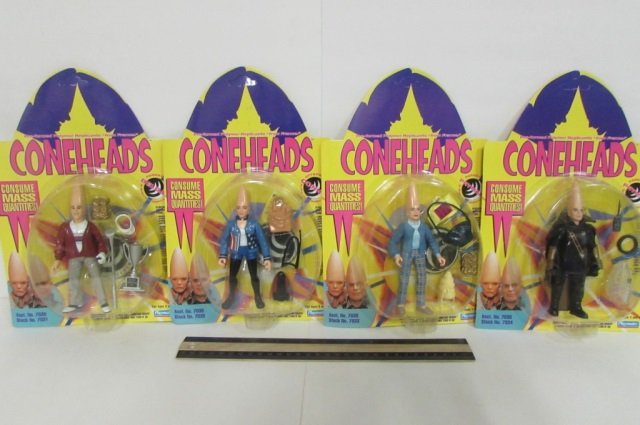 THE CONEHEADS FIGURES (4) ALL ARE IN ORIGINAL: ALL ARE IN ORIGINAL PACKAGING, BELDAR, CONNIE, & (2) PRYMAAT FIGURES