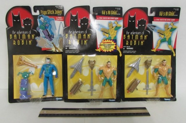 THE ADVENTURES OF BATMAN & ROBIN FIGURES (3) ALL ARE IN: ALL ARE IN ORIGINAL PACKAGING, (2) RA'S AL GHUL, & POGO STICK JOKER FIGURES