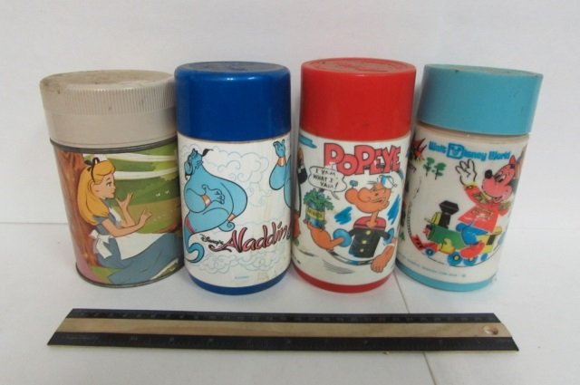 4 VINTAGE THERMOS BOTTLES 1962 STEEL ALICE IN: 1962 STEEL ALICE IN WONDERLAND, POPEYE, ALADDIN, & WALT DISNEY WORLD