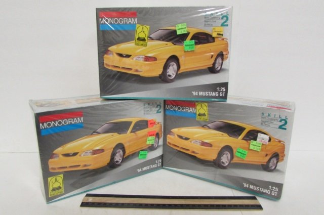 3 VINTAGE PLASTIC CAR MODEL KITS ALL ARE IN ORIGINAL: ALL ARE IN ORIGINAL PACKAGING, ALL ARE 94' MUSTANG GT'S