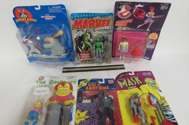 ASSORTED VINTAGE ACTION FIGURES (6) ALL ARE IN ORIGINAL: ALL ARE IN ORIGINAL PACKAGING, THE MASK, THE REAL GHOSTBUSTERS, THE SIMPSONS, MARVEL SUPER HEROES, & LOONEY TUNES