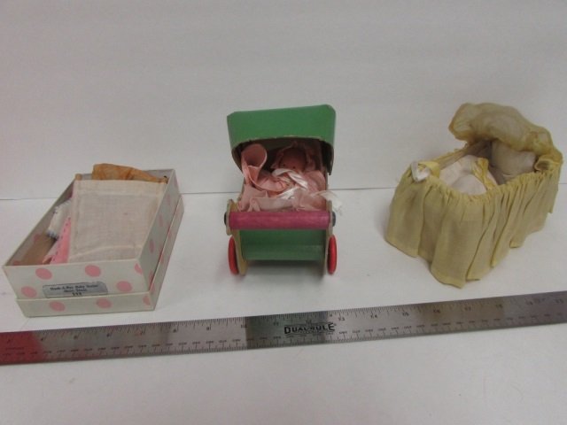 VINTAGE STORY BOOK DOLL IN BUGGY: VINTAGE STORY BOOK DOLL IN BUGGY INCLUDES CRIB AND CLOTHES, HUSH-A-BYE BABY SERIES, FROM 1920