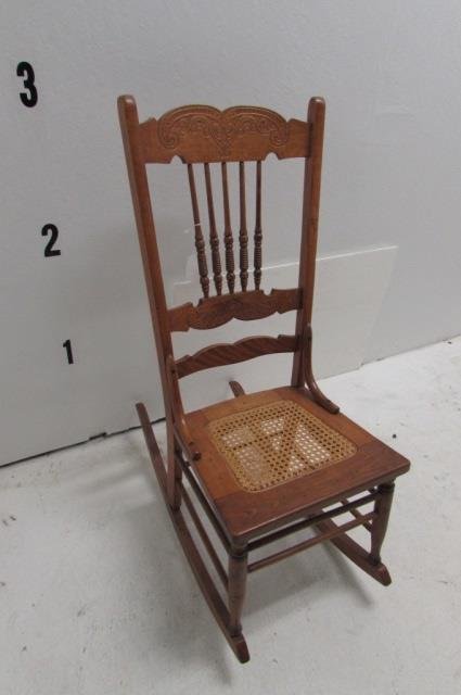 VINTAGE WOOD ROCKING CHAIR: VINTAGE WOOD ROCKING CHAIR 38" TALL, CANE SEATS, GOOD CONDITION