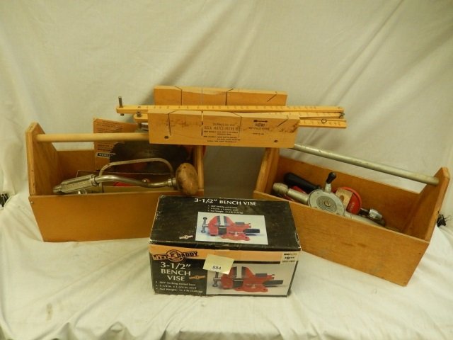 2 WOOD TOOL BOXES & A VICE & MORE: 2 WOOD TOOL BOXES & A VICE & MORE SAW BLADES, SCREW DRIVERS, & OTHER TOOLS