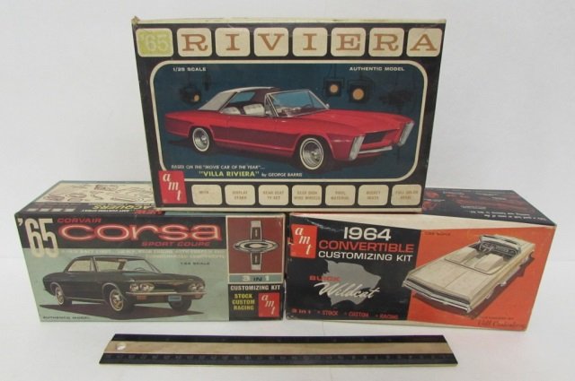 3 VINTAGE PLASTIC CAR MODEL KITS 65 CORVAIR CORSA SPORT: 65 CORVAIR CORSA SPORT COUPE, 64 CONVERTIBLE BUICK WILDCAT, & 65 RIVIERA