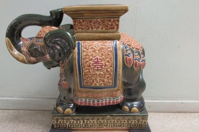 CERAMIC ELEPHANT GARDEN SEAT 23 INCHES LONG, 21.5: 23 INCHES LONG, 21.5 INCHES TALL, VERY GOOD CONDITION,