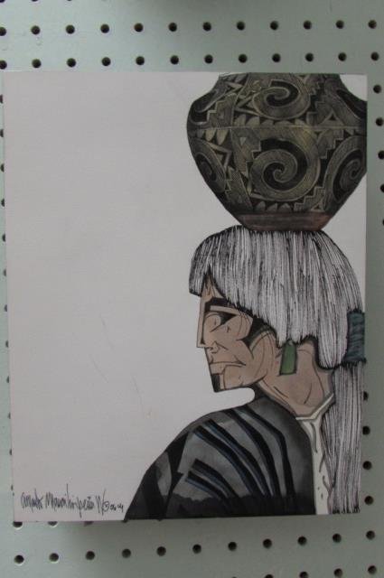 PENA MIXED MEDIA DRAWING ON CRADLEBOARD ARTIST DOUBLE: ARTIST DOUBLE SIGNED, PENA, YAQUI TRIBAL ARTISAN, PASCUA YAQUI TRIBE OF ARIZONA, 10 BY 8 INCHES, WITH ORIGINAL SALES RECEIPT