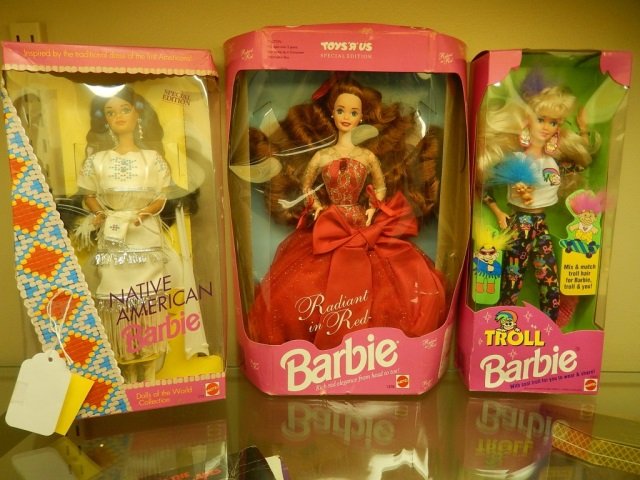 BARBIE DOLLS (3) 1992 MATTEL NATIVE AMERICAN BARBIE,: 1992 MATTEL NATIVE AMERICAN BARBIE, 1992 MATTEL RADIANT IN RED BARBIE AND 1992 MATTEL TROLL BARBIE, ALL IN ORIGINAL BOXES