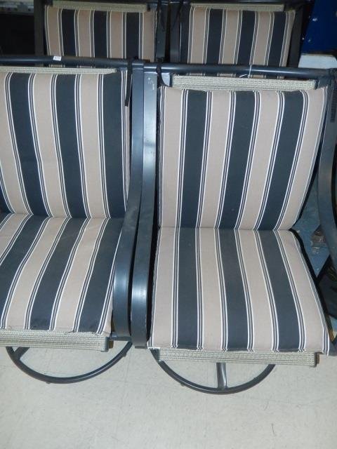 (4) PATIO CHAIRS BLACK METAL, WITH CUSHIONS, SWIVEL &: BLACK METAL, WITH CUSHIONS, SWIVEL & ROCK, 36" TALL 23" WIDE