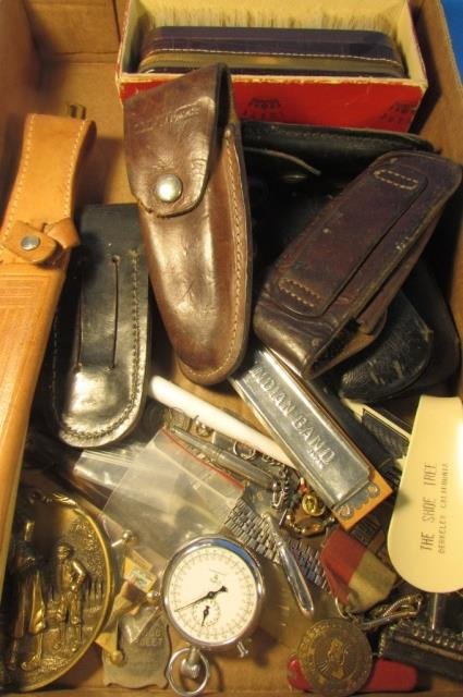 MENS PESONAL ACCESSORIES SWANK BRUSH, LEATHER KNIFE: SWANK BRUSH, LEATHER KNIFE JACKETS, VINTAGE EYEGLASS CASES, VINTAGE RAZORS, & MORE
