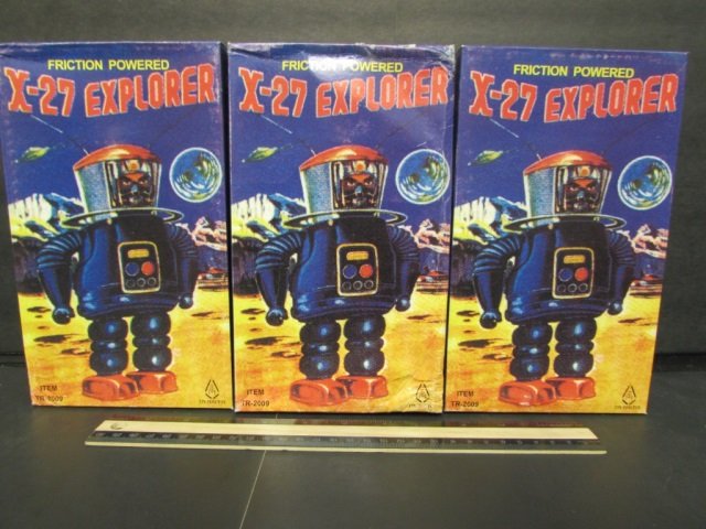 (3) FRICTION POWERED X-27 EXPLORER ROBOTS ALL ARE IN: ALL ARE IN ORIGINAL PACKAGING,