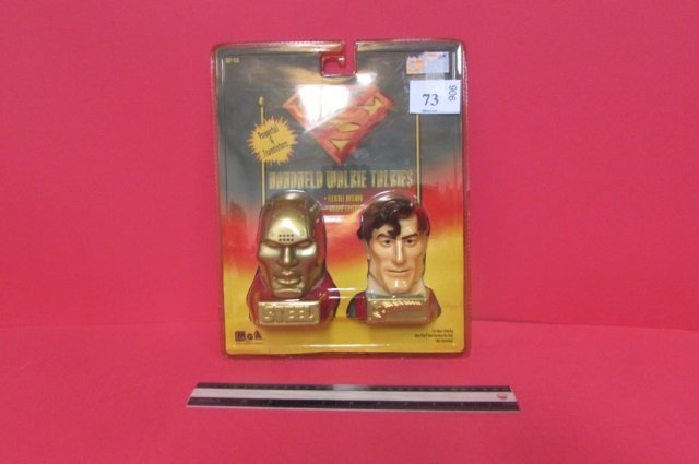 1996 SUPERMAN HANDHELD WALKIE TALKIES IN ORIGINAL: IN ORIGINAL PACKAGING, POWERFUL 6 TRANSISTORS