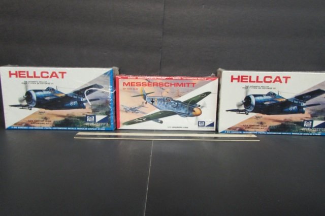AIRCRAFT MODEL KITS (3) ALL ARE IN UNOPENED ORIGINAL: ALL ARE IN UNOPENED ORIGINAL PACKAGING, HELLCAT (2) & MESSERSCHMITT (1)