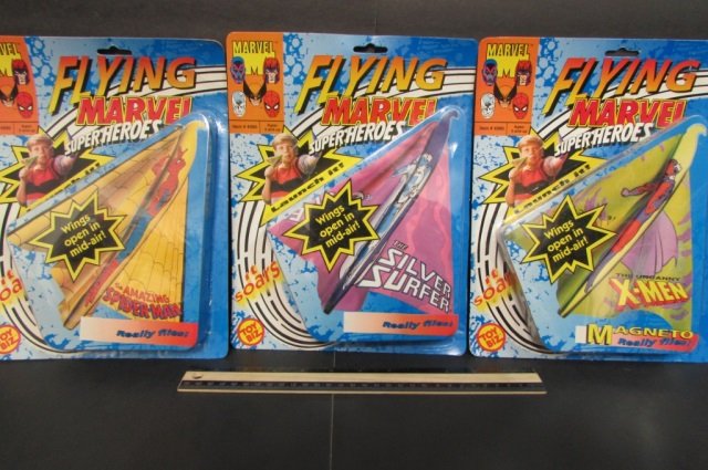 MARVEL FLYING SUPER HEROES (3) ALL ARE NEW IN ORIGINAL: ALL ARE NEW IN ORIGINAL UNOPENED PACKAGING, 1991, WINGS OPEN IN MID AIR, SILVER SURFER, SPIDER MAN, MAGNETO