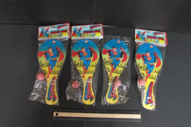 SUPERMAN PADDLE BALL (4) 3 ARE NEW IN ORIGINAL UNOPENED: 3 ARE NEW IN ORIGINAL UNOPENED PACKAGING, 1 HAS BEEN OPENED, 1987, IMPERIAL TOY CORP.
