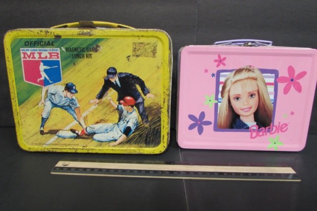 VINTAGE STEEL LUNCH BOXES (2) BOTH ARE IN USED: BOTH ARE IN USED CONDITION WITH MINOR RUST, BARBIE & 1968 MLB MAGNETIC GAME LUNCH KIT, MAGNETS NOT INCLUDED