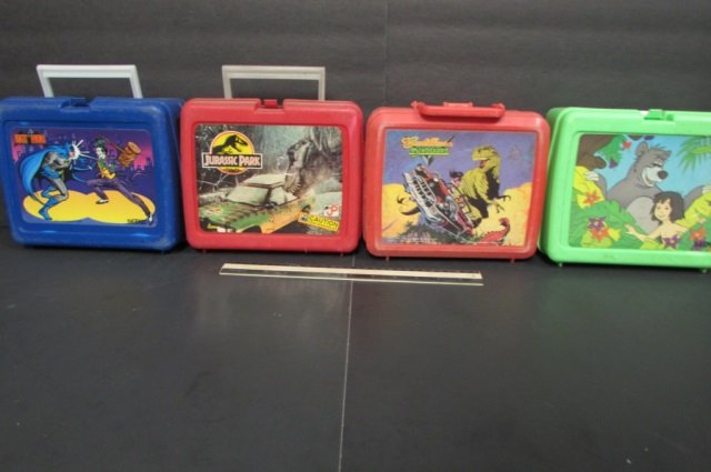 VINTAGE PLASTIC LUNCH BOXES (4) THE JUNGLE BOOK,: THE JUNGLE BOOK, CADILLACS AND DINOSAURS, JURRASIC PARK, & BATMAN