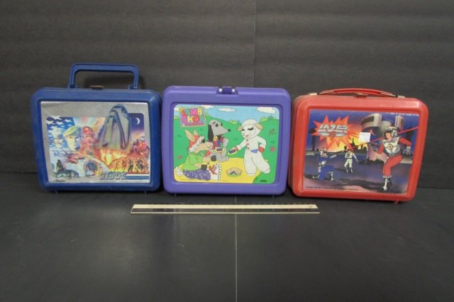 VINTAGE PLASTIC LUNCH BOXES (3) LAZER TAG, LMAB CHOP: LAZER TAG, LMAB CHOP AND FRIENDS, & GI JOE
