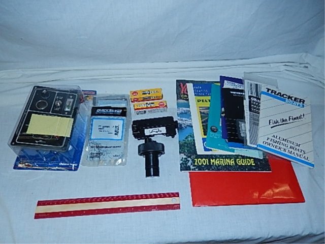 FISHING EQUIPMENT AND MANUALS 3 GANG FUSE PANEL,: 3 GANG FUSE PANEL, MANUALS, SPARK PLUGS (2) NGK, QUICKSILVER MARINE PARTS AND ACCESSORIES: MISC PARTS
