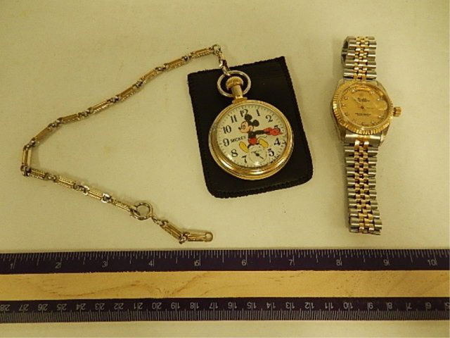 FAUX ROLEX WATCH & MICKEY MOUSE POCKET WATCH MICKEY: MICKEY MOUSE WATCH ON FAUB, PLASTIC COVER IS BROKEN, GOLD AND SILVER TTONE ROLEX WATCH, WITH LEATHER COIN BAG