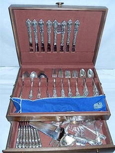 TOWLE STERLING FLATWARE SPANISH PROVINCIAL 1967 5 PIECE: 5 PIECE PLACE SETTING FOR EIGHT, PLUS 7 SERVING PIECES, 8 EXTRA TEA SPOONS, AND 9 ASSORTED OTHER FLATWARE PIECES WITH TARNISH- PROOF CHEST.