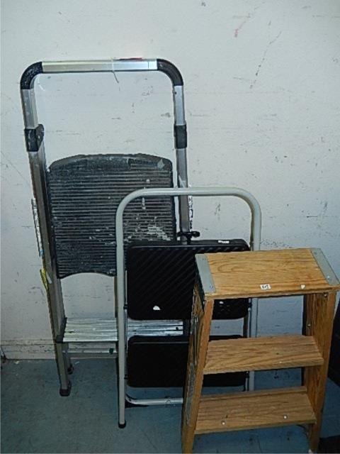 STEP STOOLS & LADDERS (3) ONE WOOD AND TWO PLASTIC &: ONE WOOD AND TWO PLASTIC & METAL