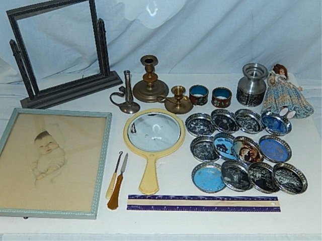 BRASS AND METAL KITCHEN ACCESORIES CANDLE HOLDERS,: CANDLE HOLDERS, NAPKINS RINGS, MIRROR, TAPER, DOLL, FRAMES