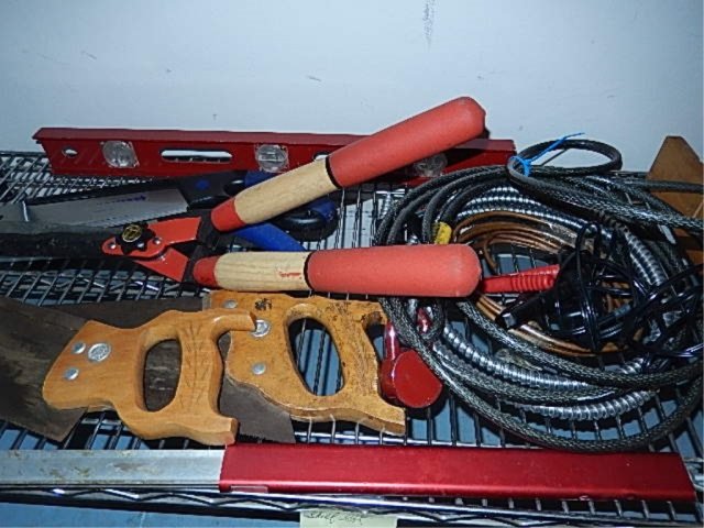 TOOLS 2 SAWS, LEVEL, GARDEN TRIMMER, STUCCO PATCH,: 2 SAWS, LEVEL, GARDEN TRIMMER, STUCCO PATCH, ASSORTED CABLES