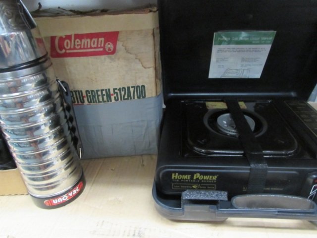 COLEMAN CAMPING EQUIPMENT COLEMAN LANTERN, THERMOS,: COLEMAN LANTERN, THERMOS, PORTABLE GAS RANGE STOVE