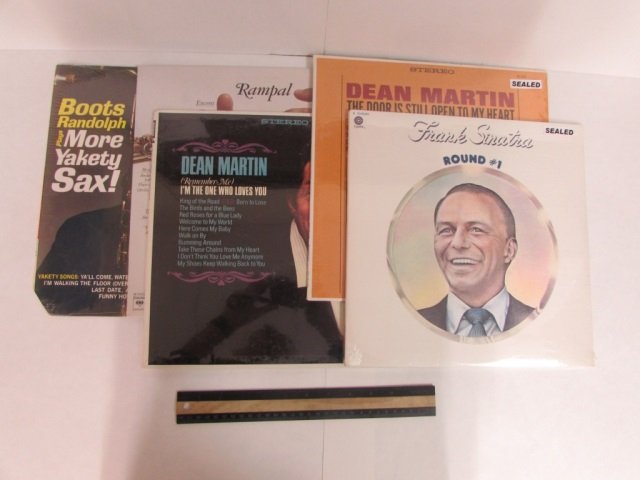 VINYL RECORDS (5) ALL ARE SEALED, BOOTS RANDOLPH PLAYS: ALL ARE SEALED, BOOTS RANDOLPH PLAYS MORE YAKETY SAX, DEAN MARTIN IM THE ONE WHO LOVES YOU, 1978 JEAN-PIERRE RAMPAL PLAYS HIS FAVORITE ENCORES, FRANK SINATRA ROUND #1, & DEAN MARTIN THE DOOR IS STILL