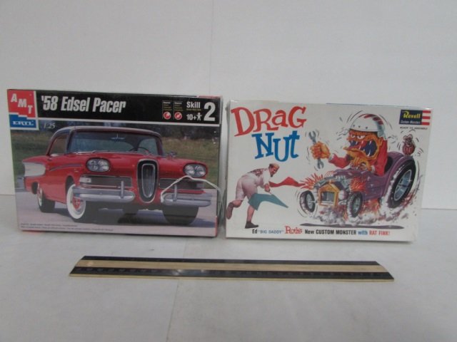2 PLASTIC CAR MODEL KITS BOTH ARE IN ORIGINAL: BOTH ARE IN ORIGINAL PACKAGING, DRAG NUT ED "BIG DADDY" ROTH'S NEW CUSTTOM MONSTER WITH RAT FINK, & '58 EDSEL PACER