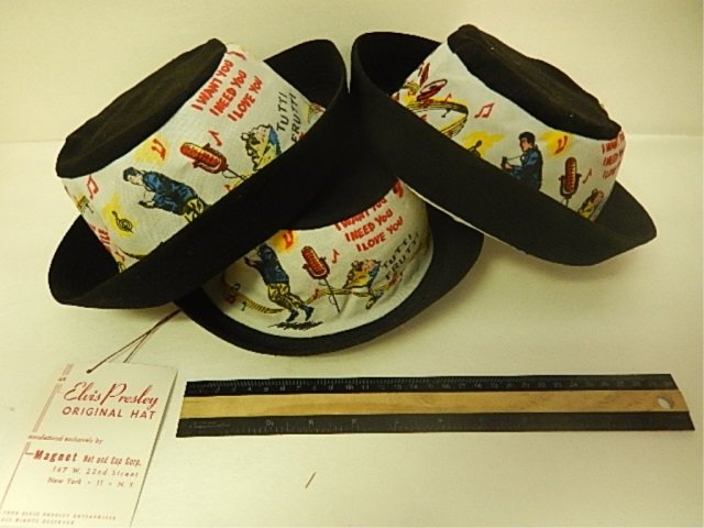ORIGINAL ELVIS PRESLEY MAGNET HATS (3) 1 IS TAGGED AND: 1 IS TAGGED AND SIZES ARE LARGE (2) & SIZE SMALL, 1956