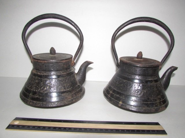 CHINESE METAL TEA POTS HAS CHINESE PAPER LABEL, HANDLES: HAS CHINESE PAPER LABEL, HANDLES ARE NOT MOVEABLE, 9 1/2" TALL