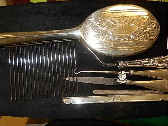 VINTAGE STERLING SILVER PIECES: STERLING SILVER HANDELED LADIES HAIR BRUSH, CAKE CUTTER, HANDBAG FRAMES, NAIL FILE, AND BOOT HOOK.