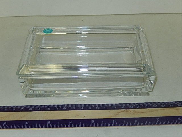 TIFFANY & CO. CRYSTAL TRINKET BOX 6.5" LONG 2": TIFFANY & CO. ETCHED SIGNATURE PLUS PAPER LABEL.6.5" LONG 2" TALL.