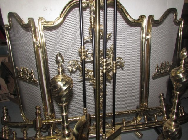 FIREPLACE TOOL SET AND FIRE SCREEN GOLD-TONED, FIRE: GOLD-TONED, FIRE SCREEN IS 30 INCHES TALL BY 40 INCHES WIDE, TOOL SET INCLUDES FIRE IRON (POKER), TONGS, SHOVEL AND BRUSH.