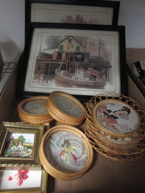SMALL FRAMED ART AND COASTERS 2 MEDIUM-SIZED FRAMED ART: 2 MEDIUM-SIZED FRAMED ART OF BOAT DOCK, MINIATURE FRAMED FLOWER PRINT AND MINIATURE FRAMED HOUSE PRINT, WOODEN COASTERS WITH BUTTERFLY IN CENTER, WOODEN COASTERS WITH IMAGE OF ASIAN WOMAN AND FAN IN C