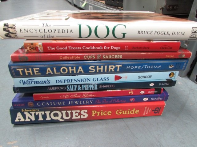 VARIOUS THEMED BOOKS (9) VARIETY OF 8 BOOKS INCLUDE,: VARIETY OF 8 BOOKS INCLUDE, ANTIQUES PRICE GUIDE, COSTUME JEWELRY, AMAERICA'S SALT AND PEPPER SHAKERS, OPALESCENT GLASS, DEPRESSION GLASS, THE ALOHA SHIRT, ENCYCLOPEDIA OF THE DOG, COLLECTIBLE CUPS AN